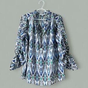 Chico’s Women’s Pullover Blue Geometric V-Neck Beaded Blouse Size 8 Ramie Light